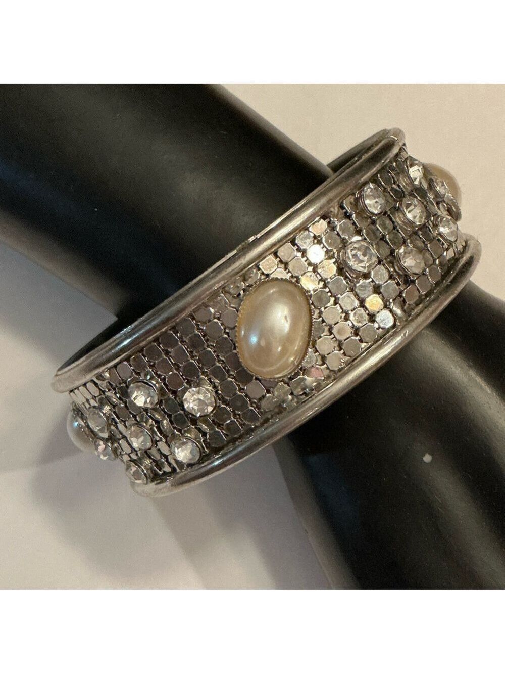Vintage Silver Pearl & Crystal Cuff Bracelet